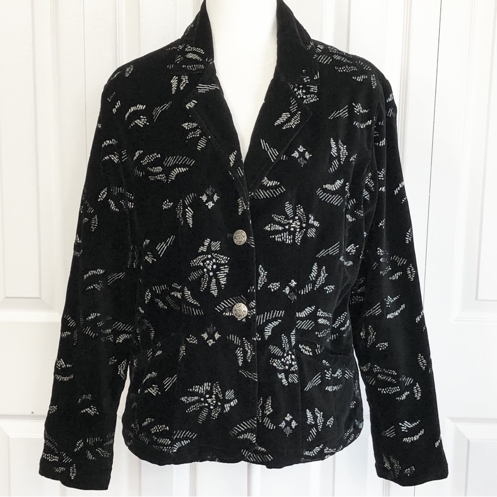 Chico's Black Velvet Silver Metallic Embroidered Print Blazer Jacket 8